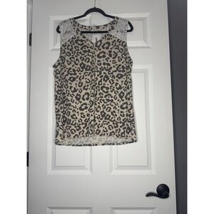 Bibi  Leopard Print V Neck W Lace Shoulder Detail Tank Top Xl Nwt